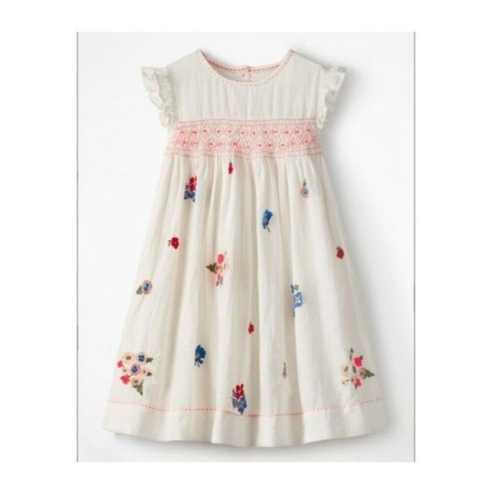 Mini Boden Girls Embroidered Posy Smock cotton Viscos Dress size 5/6 GUC